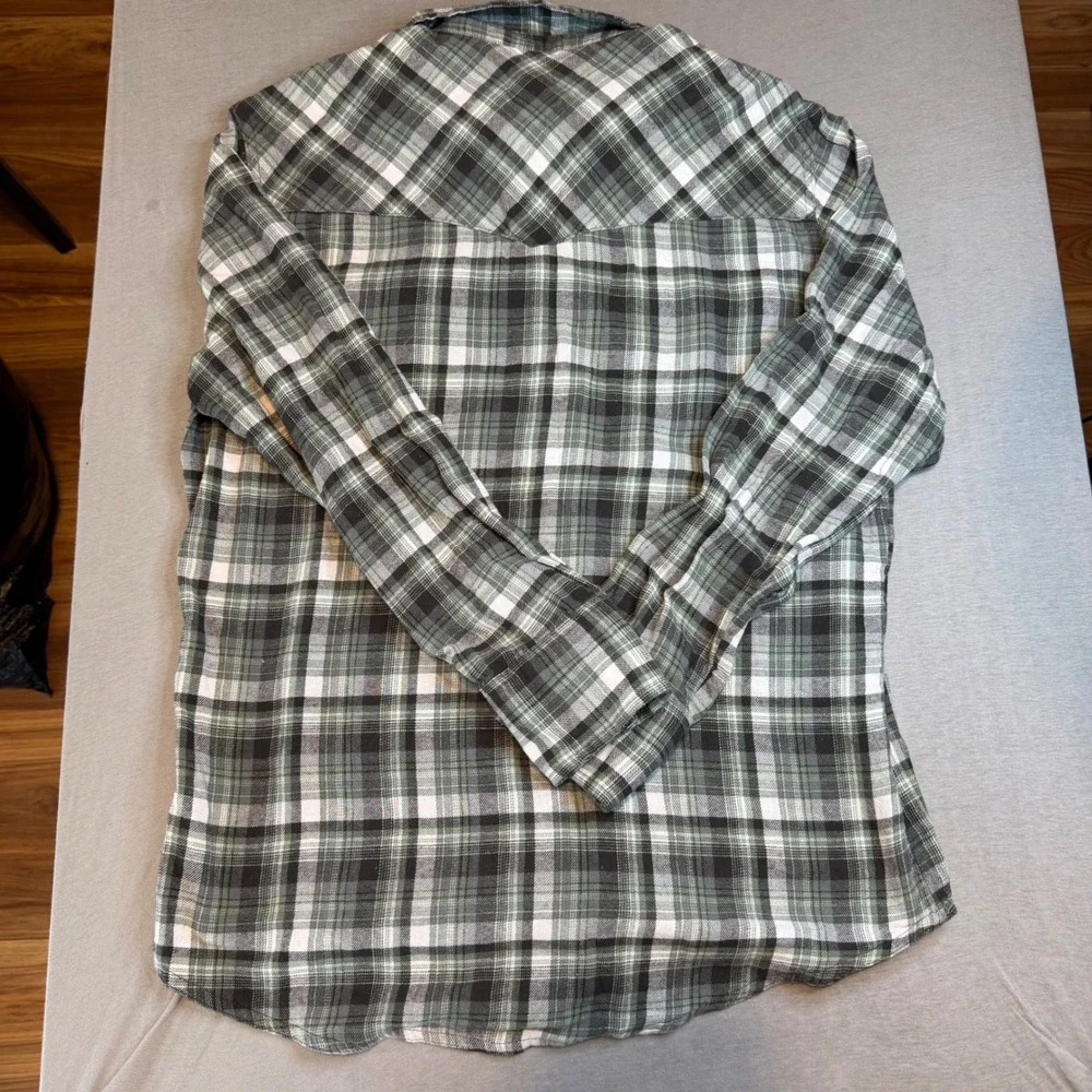 Wrangler Wrancher Mens Large Green Black Plaid Pearl Snap‎ Western Flannel Shirt